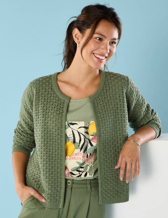 Gilet paletot maille fantaisie,  Spécial Petites (vert tilleul)