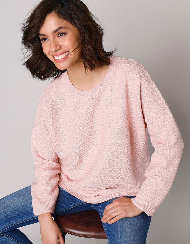 Pull loose maille fantaisie effet rayures (rose poudré) Pull loose maille fantaisie effet rayures (rose poudré)