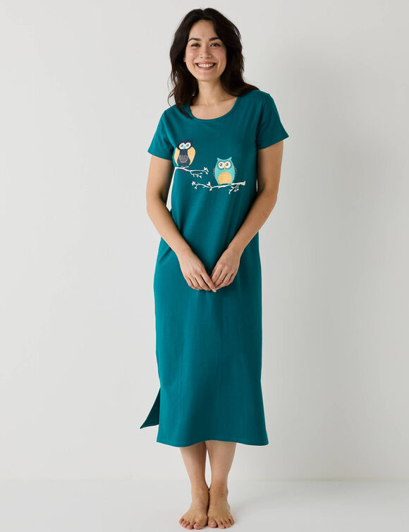 Chemise de nuit longue manches courtes motifs "hiboux" (vert sapin)
