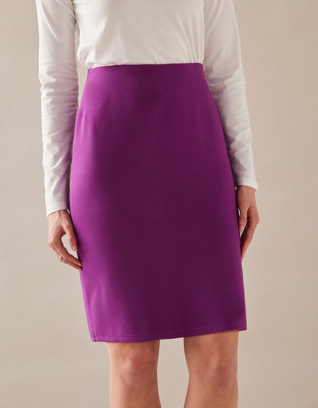 Jupe droite maille unie, taille élastiquée (prune)