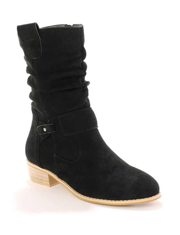 Bottes mi-hautes pliss&eacute;es &agrave; petit talon effet bois (noir)