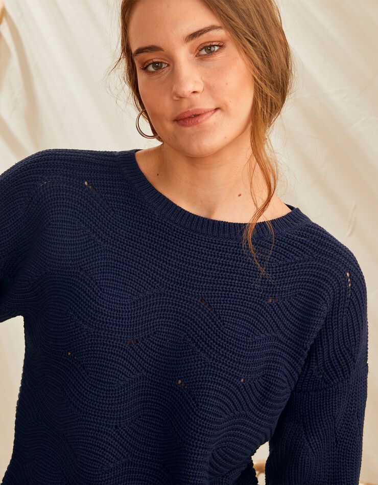 Pull manches longues, maille fantaisie (marine)