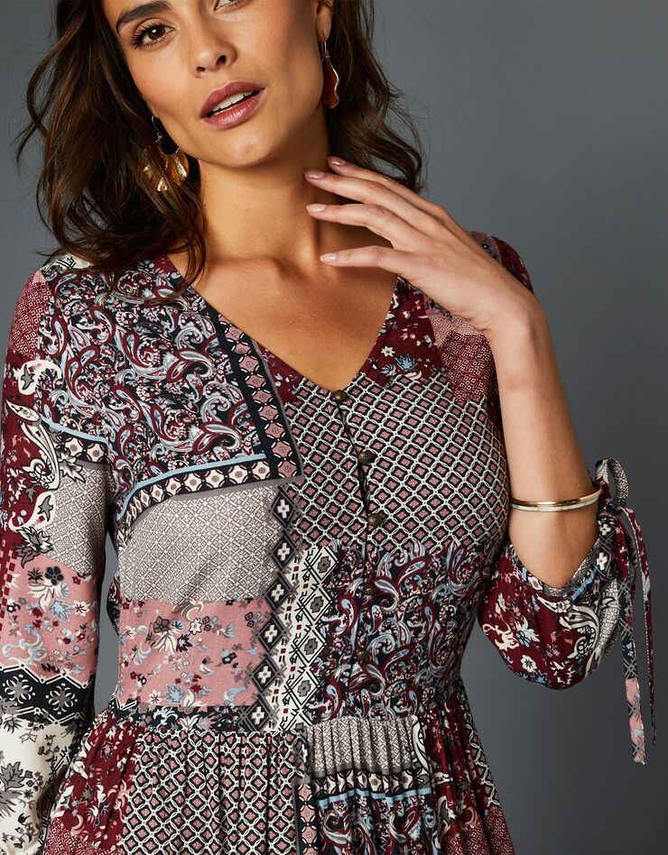 Robe longue imprimé patchwork col V (bois de rose / gris) Robe longue imprimé patchwork col V (bois de rose / gris)
