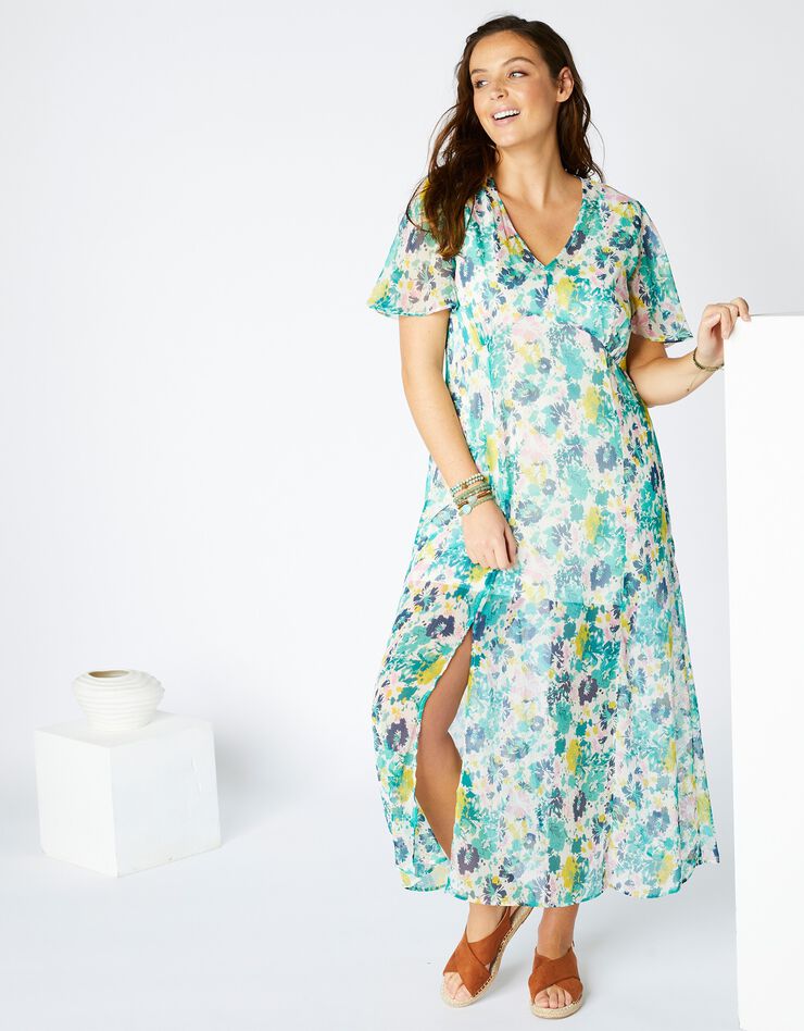 Robe longue imprimée manches papillon, voile (écru / vert) Robe longue imprimée manches papillon, voile (écru / vert)