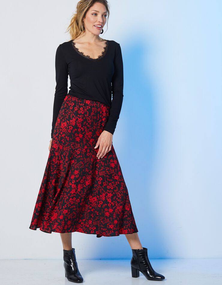 Jupe longue imprimée taille élastiquée (noir / rouge) Jupe longue imprimée taille élastiquée (noir / rouge)