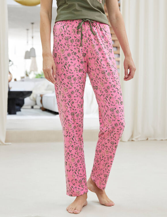 Pantalon pyjama imprimé fleuri  "Bohème" (rose indien / kaki)