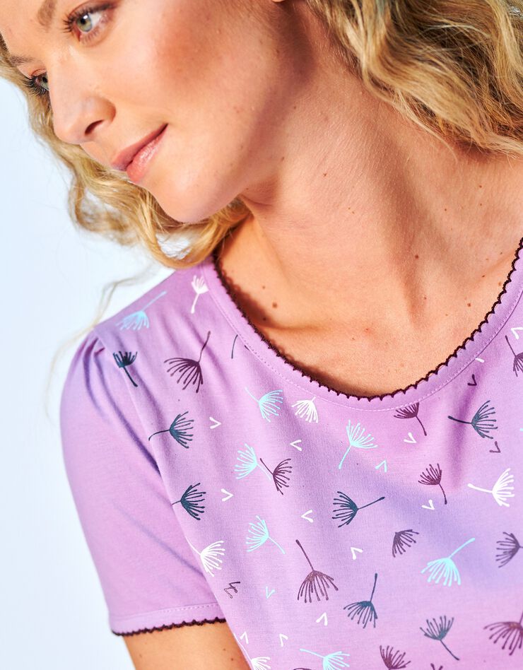 Tee-shirt pyjama coton fleuri manches courtes (parme) Tee-shirt pyjama coton fleuri manches courtes (parme)