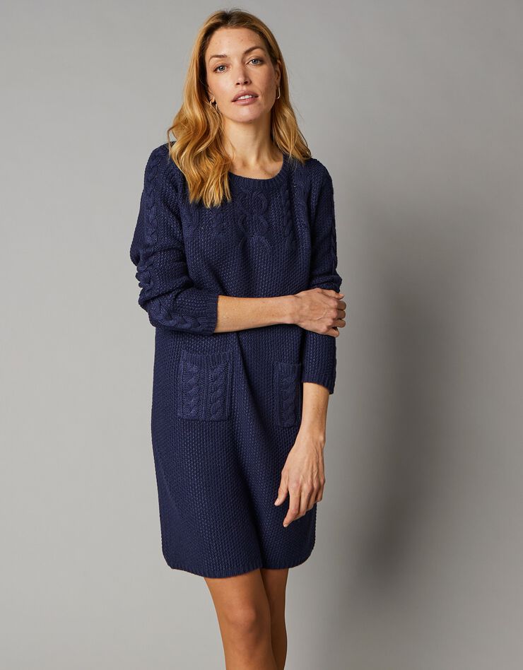 Robe pull maille torsadée, toucher cachemire (marine) Robe pull maille torsadée, toucher cachemire (marine)