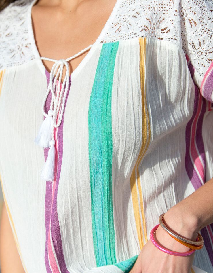 Tunique macramé crépon rayé coton (blanc / framboise)