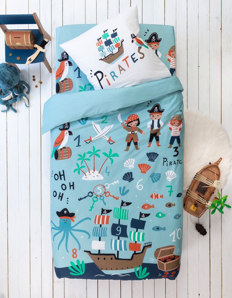 Linge de lit enfant Pirates imprimé en coton (bleu)