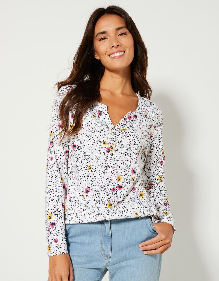 Tee-shirt col tunisien manches longues, imprimé (blanc) Tee-shirt col tunisien manches longues, imprimé (blanc)