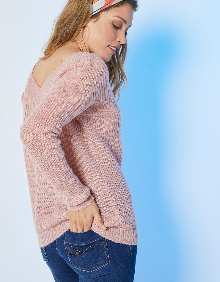 Pull col V forme loose maille anglaise (rose poudré)