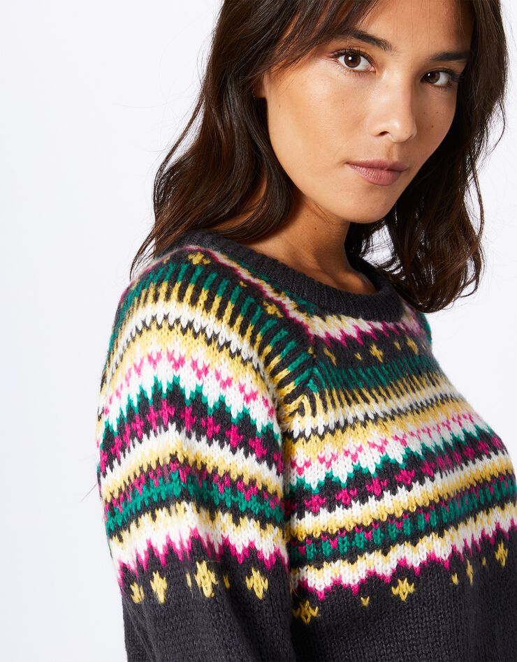 Pull col rond motif jacquard, toucher mohair (anthracite / miel) Pull col rond motif jacquard, toucher mohair (anthracite / miel)