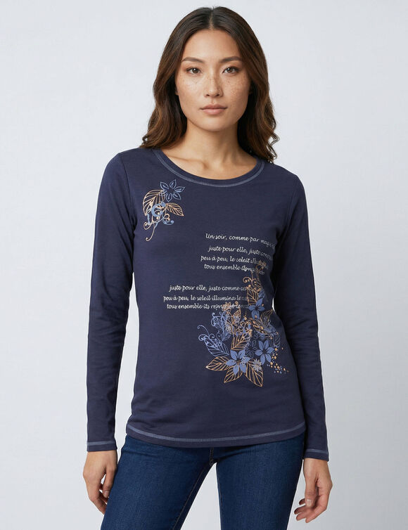 T shirt manches longues imprim&eacute; fleuri (marine)