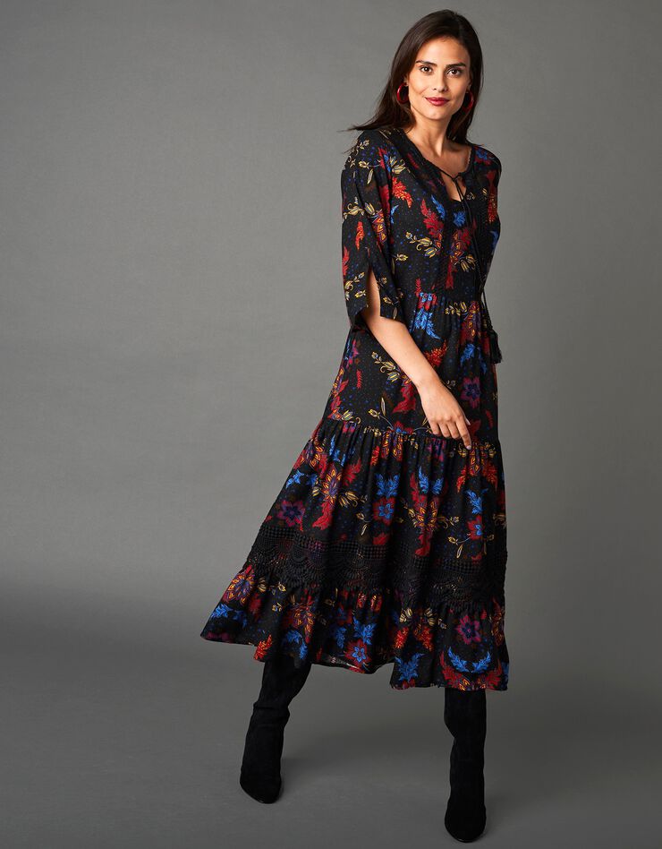 Robe longue imprimée manches 3/4 (noir / rouge)