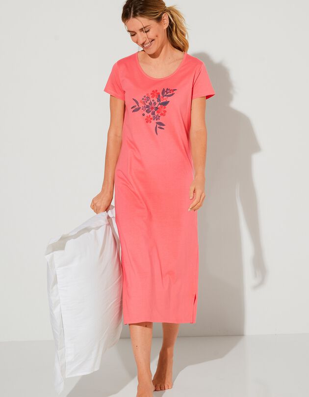 Chemise de nuit longue imprimé  "bouquet" (corail)