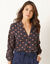 Blouse col tunisien imprimé pois, crêpe (marine / noisette)