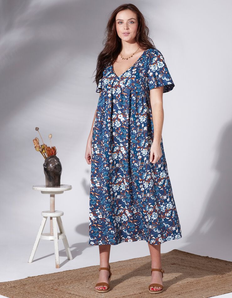 Robe longue imprimée manches courtes papillon (marine / écru)