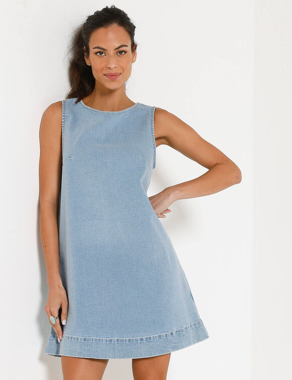 Tunique trap&egrave;ze sans manches, en jean (bleached)