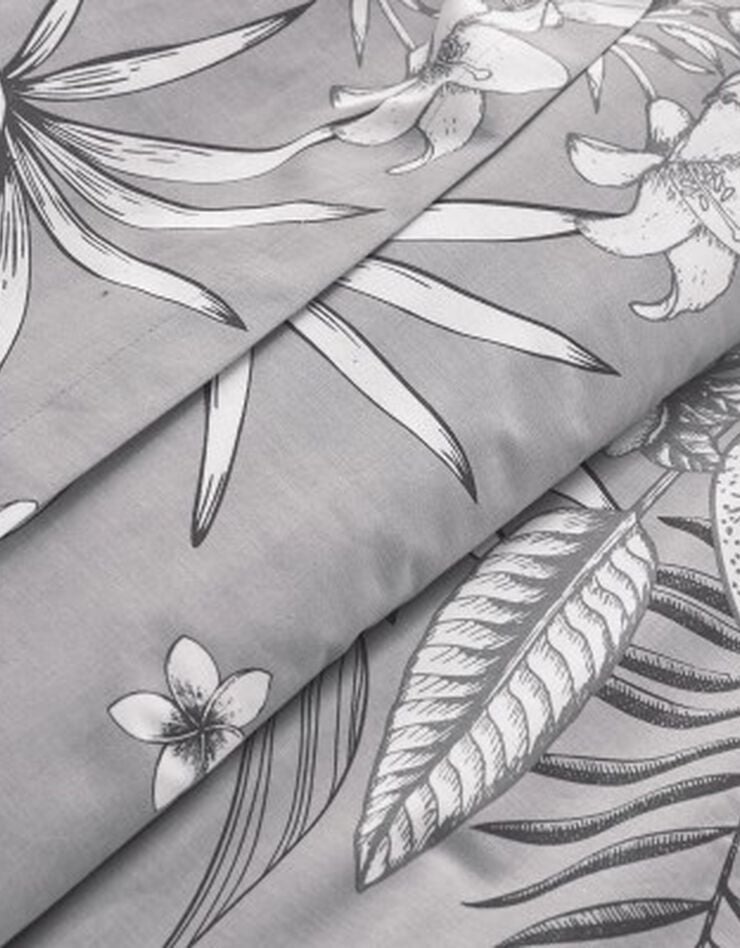 Linge de lit Elyse en coton imprimé fleurs et feuilles de palmes (gris)