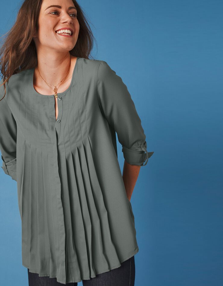 Blouse boutonnée à plis évasée unie, crêpe (bronze) Blouse boutonnée à plis évasée unie, crêpe (bronze)