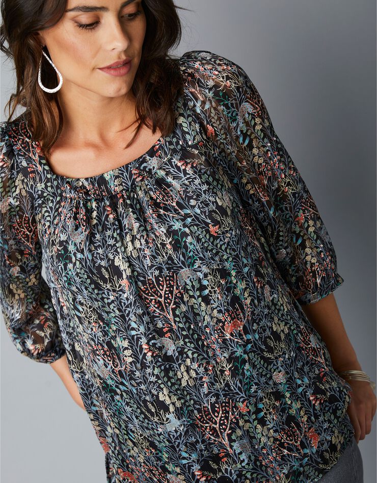 Blouse imprimée fluide col carré, manches 3/4 (noir) Blouse imprimée fluide col carré, manches 3/4 (noir)