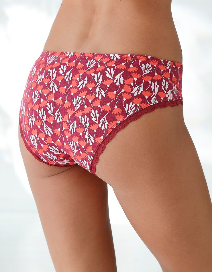Culotte forme midi coton stretch imprimé " fleurs" et dentelle - lot de 3 (prune / corail) Culotte forme midi coton stretch imprimé " fleurs" et dentelle - lot de 3 (prune / corail)