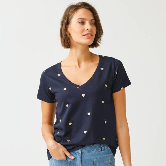 T-shirt col V imprim&eacute; c&oelig;urs dor&eacute;s (marine)