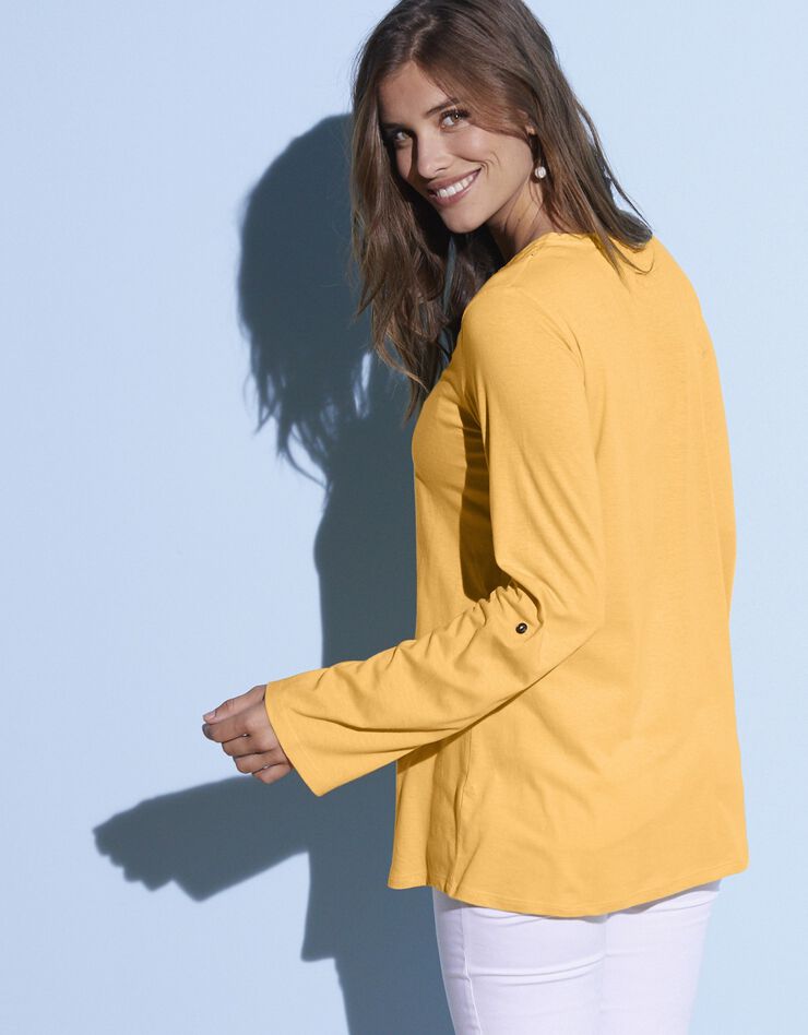 Tee-shirt col tunisien manches longues, broderie anglaise (safran) Tee-shirt col tunisien manches longues, broderie anglaise (safran)