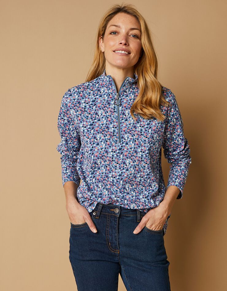 Tee-shirt col montant zippé imprimé (bleu grisé)