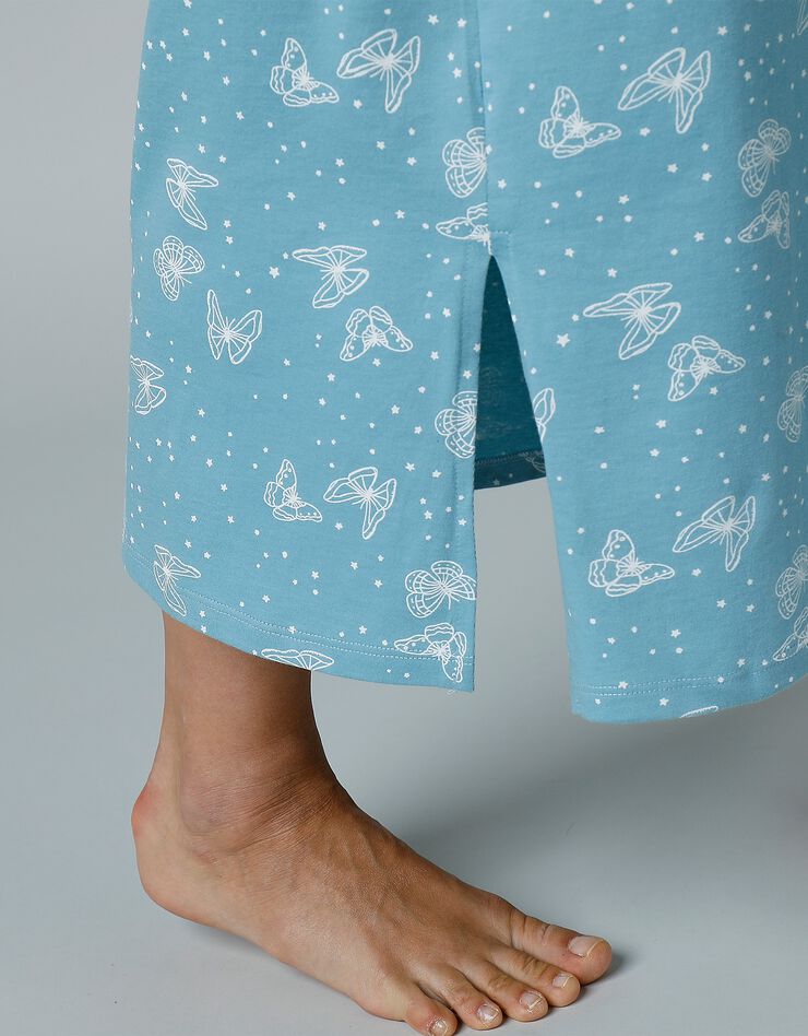 Chemise de nuit longue manches courtes imprimée "papillons" (bleu grisé)