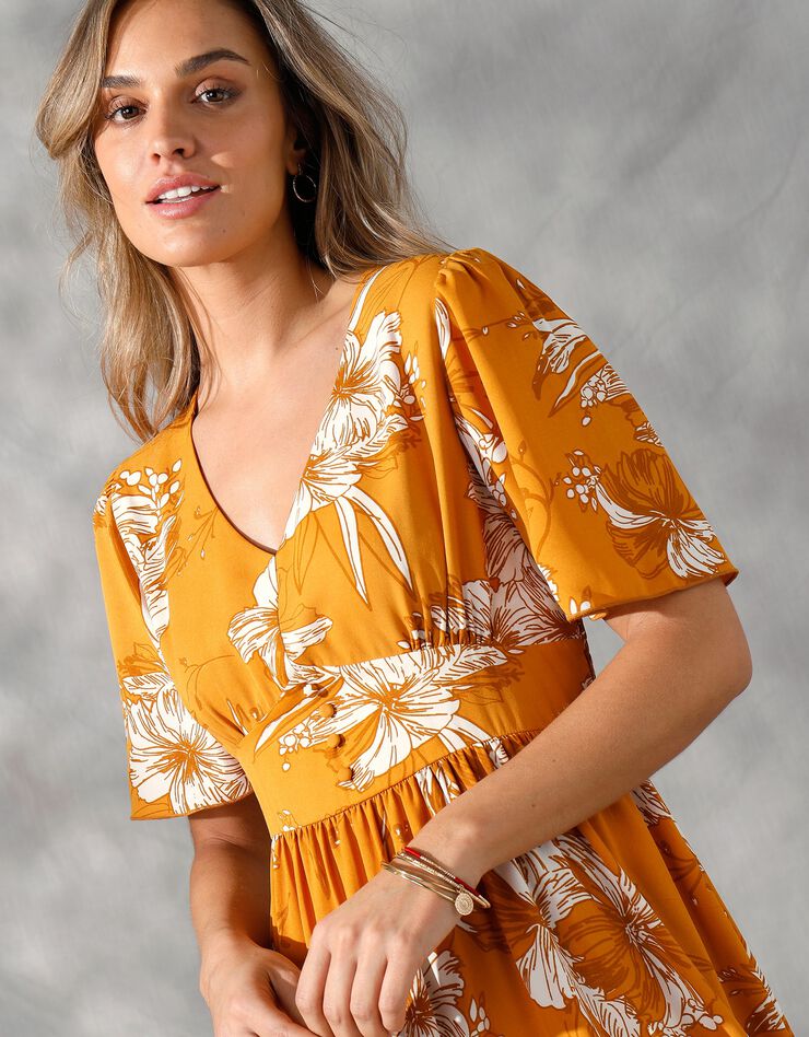 Robe longue imprimée, manches évasées  (safran / blanc)