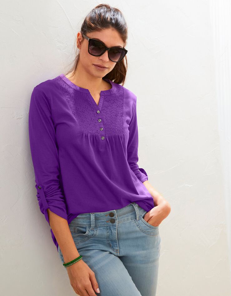 Tee-shirt col tunisien manches longues, broderie anglaise (violet)