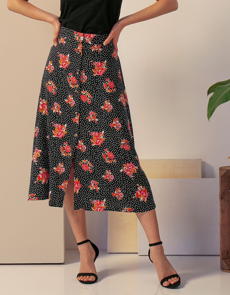 Jupe boutonnée fluide imprimée fleurs (noir / rouge) Jupe boutonnée fluide imprimée fleurs (noir / rouge)