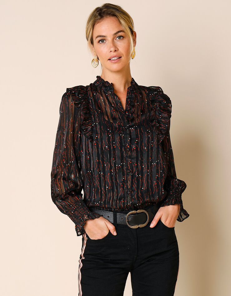 Blouse imprimée col officier volanté (turquoise) Blouse imprimée col officier volanté (turquoise)