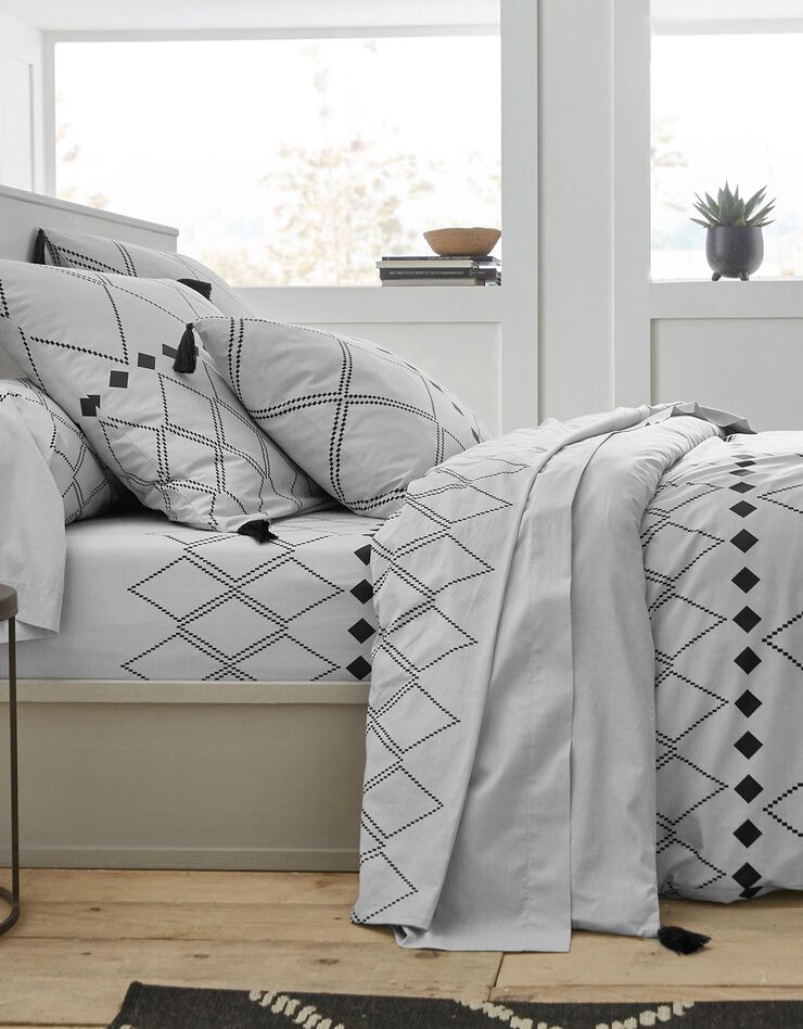 Linge de lit Massai coton à motifs graphiques et finitions pompons (gris)