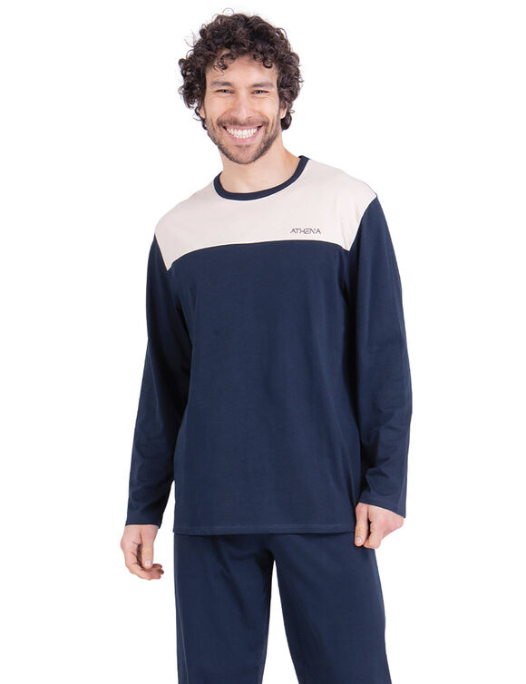 Pyjama pantalon bicolore Athena, manches longues, coton (sable / marine)