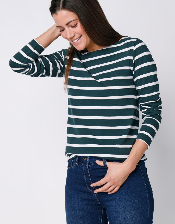 Tee-shirt marinière manches longues en coton bio, éco-responsable (vert / blanc) Tee-shirt marinière manches longues en coton bio, éco-responsable (vert / blanc)
