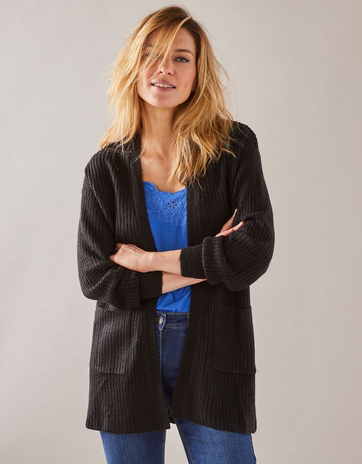 Gilet long, maille anglaise toucher mohair (noir) Gilet long, maille anglaise toucher mohair (noir)