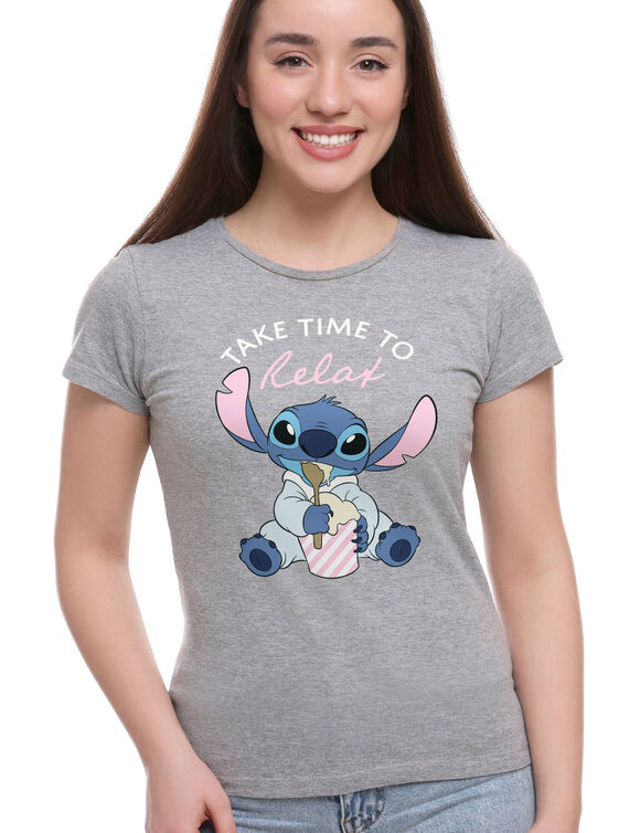 Haut de pyjama femme coton manches courtes imprimé placé Stitch "Take time to relax"" (gris chiné)