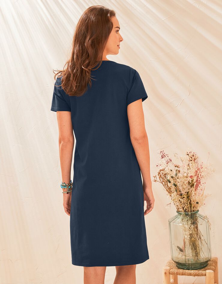 Robe manches courtes col V unie, maille stretch (marine) Robe manches courtes col V unie, maille stretch (marine)