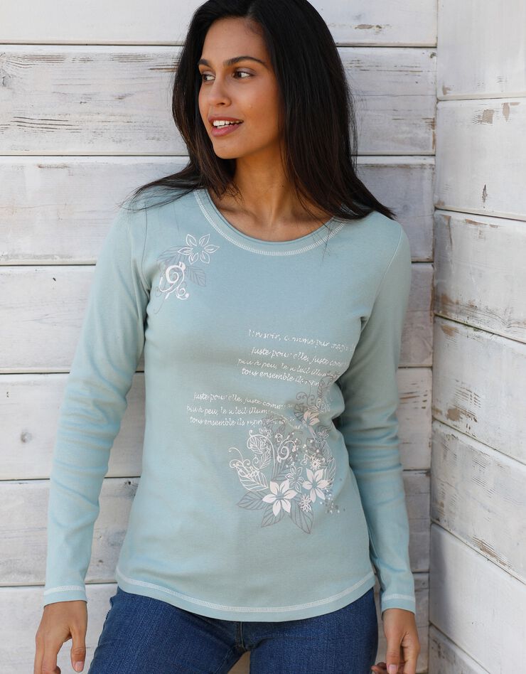 Tee shirt manches longues imprimé fleuri (vert grisé) Tee shirt manches longues imprimé fleuri (vert grisé)