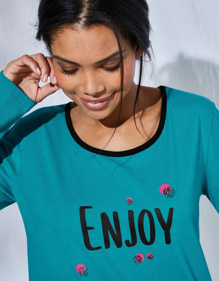 Tee-shirt manches longues coton uni imprimé placé "Enjoy" (émeraude) Tee-shirt manches longues coton uni imprimé placé "Enjoy" (émeraude)
