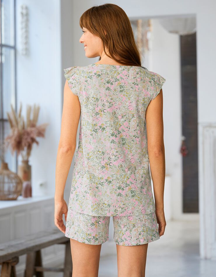 Pyjama short volanté imprimé fleuri. (vert / rose) Pyjama short volanté imprimé fleuri. (vert / rose)