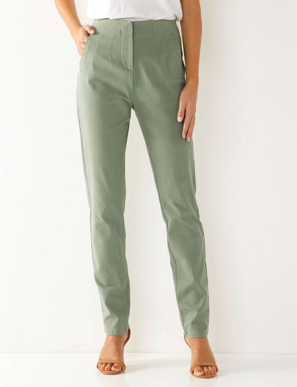 Pantalon gainant, coupe "mom" taille haute (vert grisé)