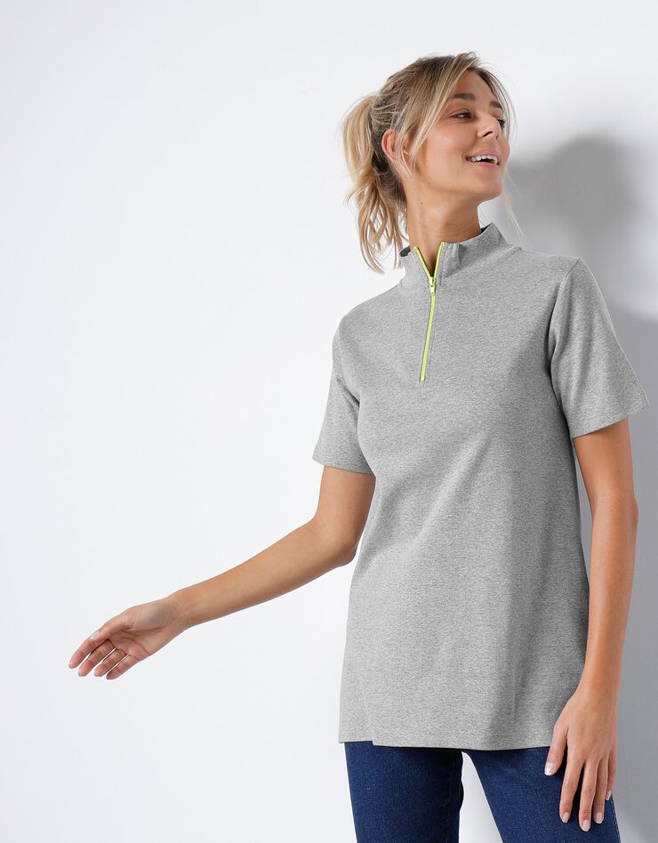 Tee-shirt coton manches courtes col zippé (gris chiné / anis) Tee-shirt coton manches courtes col zippé (gris chiné / anis)