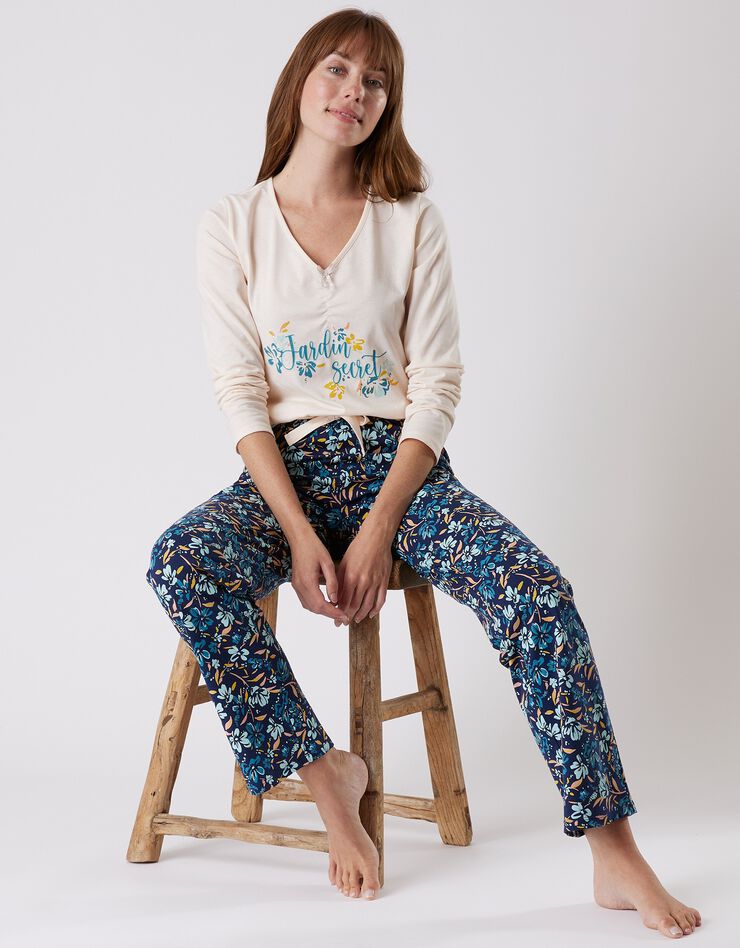 Tee-shirt pyjama manches longues imprimé placé "jardin secret" (écru) Tee-shirt pyjama manches longues imprimé placé "jardin secret" (écru)