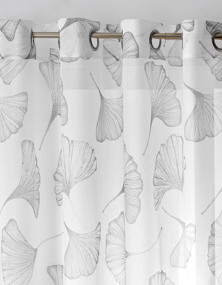 Rideau panneau voile polyester imprimé gingko finition oeillets (gris)