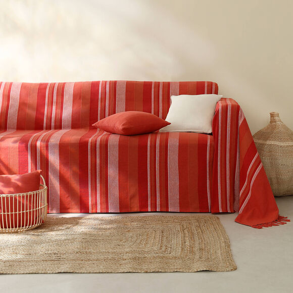 Plaid jet&eacute; multicolore coton tissage artisanal (terracotta)