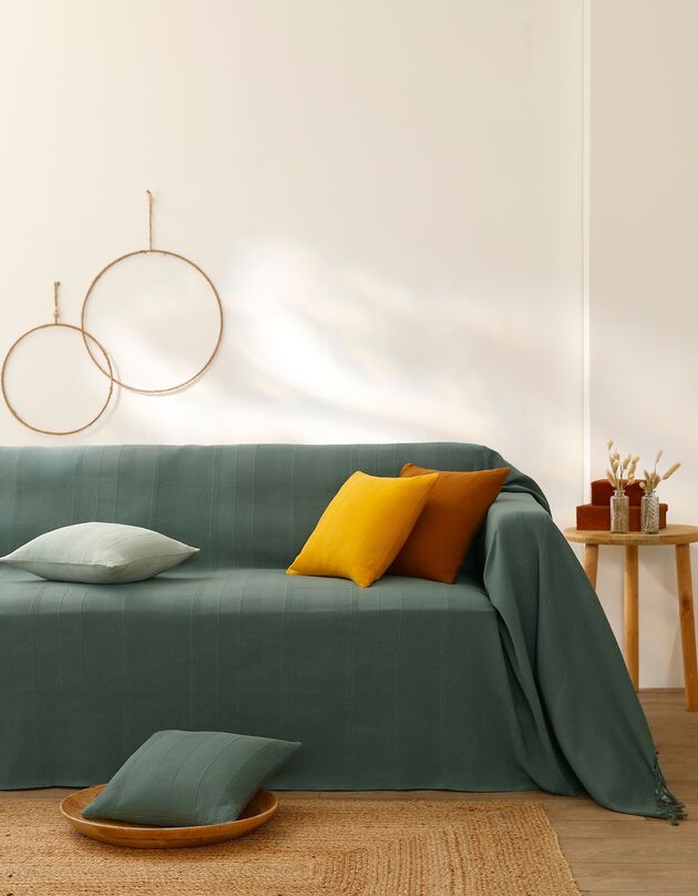 Plaid ou jeté uni coton tissage artisanal (vert grisé)